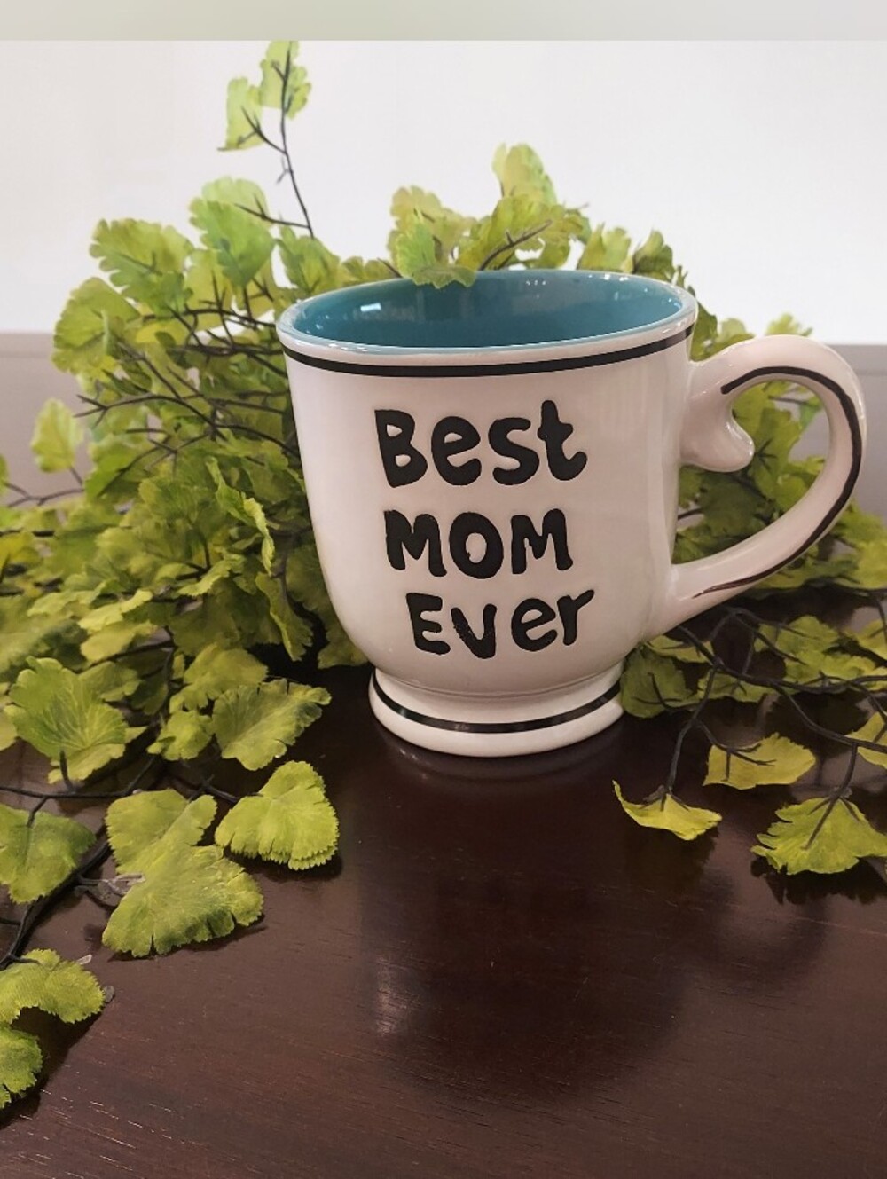 Best Mom Ever White Ceramic Mug with Turquoise Interior. 14 Oz. NWOT